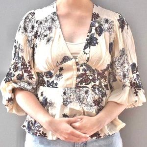 Angie Cream Colore Floral Lightweight Flowy Summer Cinched Peasant Blouse